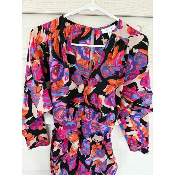 Topshop Floral Midi Wrap Dress Long Sleeve Black Pink Orange Belted Size US 2 - Picture 3 of 9